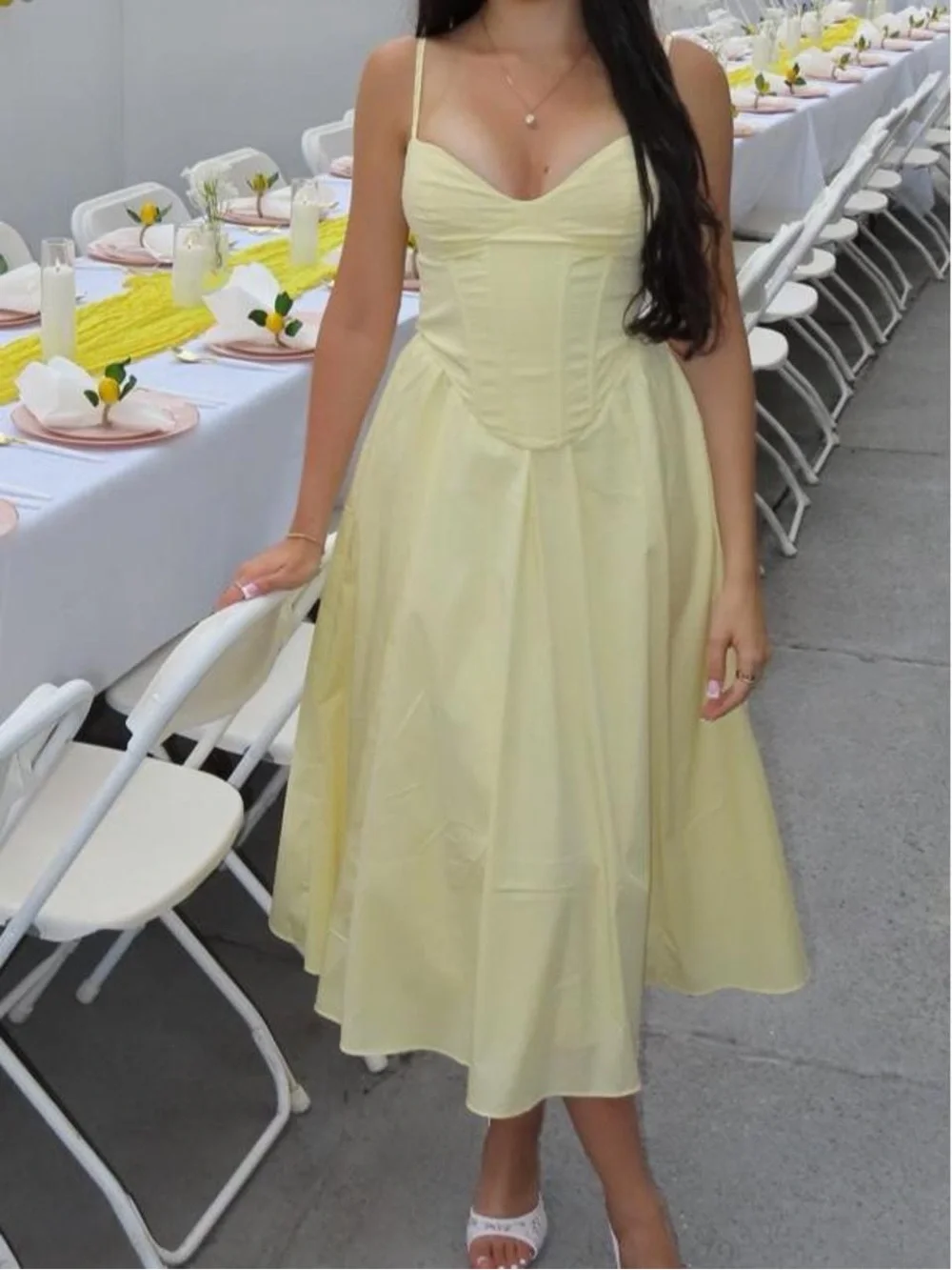 Cream Corset-Style Midi Dress with Spaghetti Straps